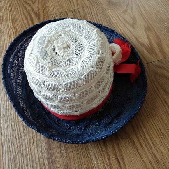 Vintage Red, White and Blue Hat Mesh Lace Helen Joyce Original 20.5" Retro - Picture 6 of 9